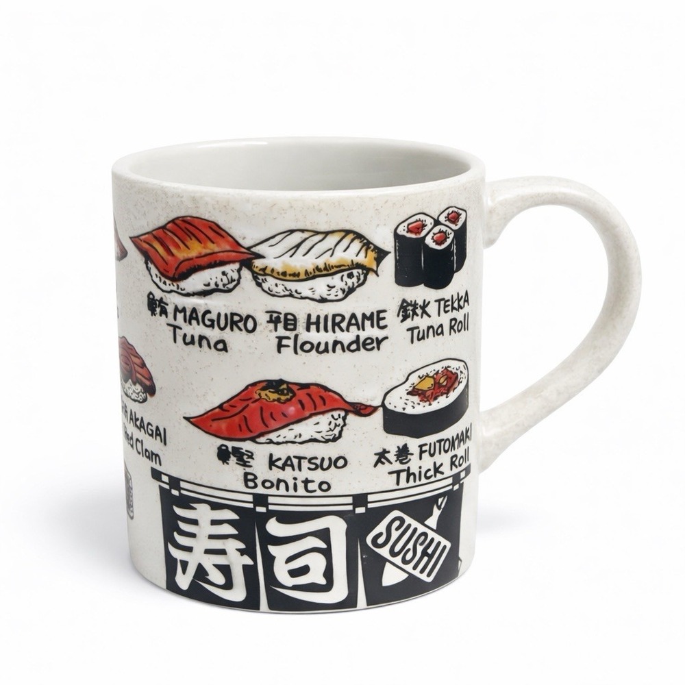 Sushi Coffee Mug Japanese Food Guide Maguro Tuna Hirame Speckled‎ Ceramic Cup